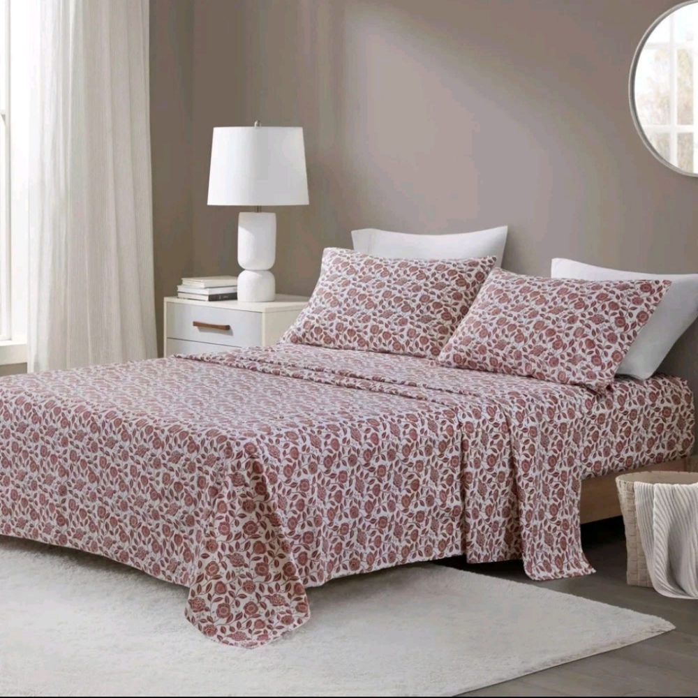 Beautyrest Queen Oversized 4pc Cotton Flannel Sheet Set Rust Floral